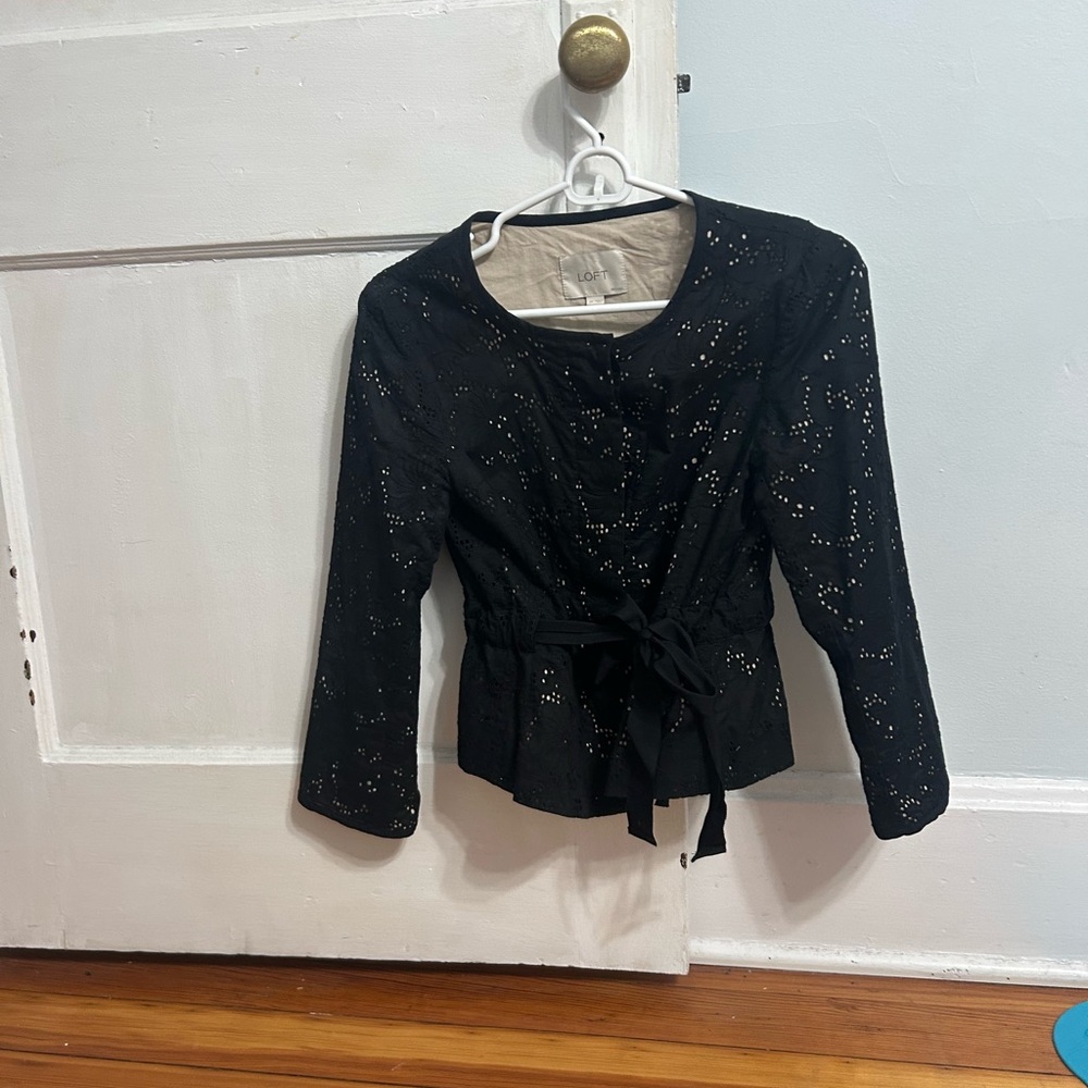 LOFT Black Eyelet Women's Blouse with Buttons & Ribbon Tie